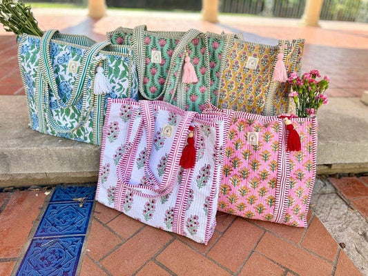 Cotton Quilted Tote Bag: Golden Petal (with orange strips)