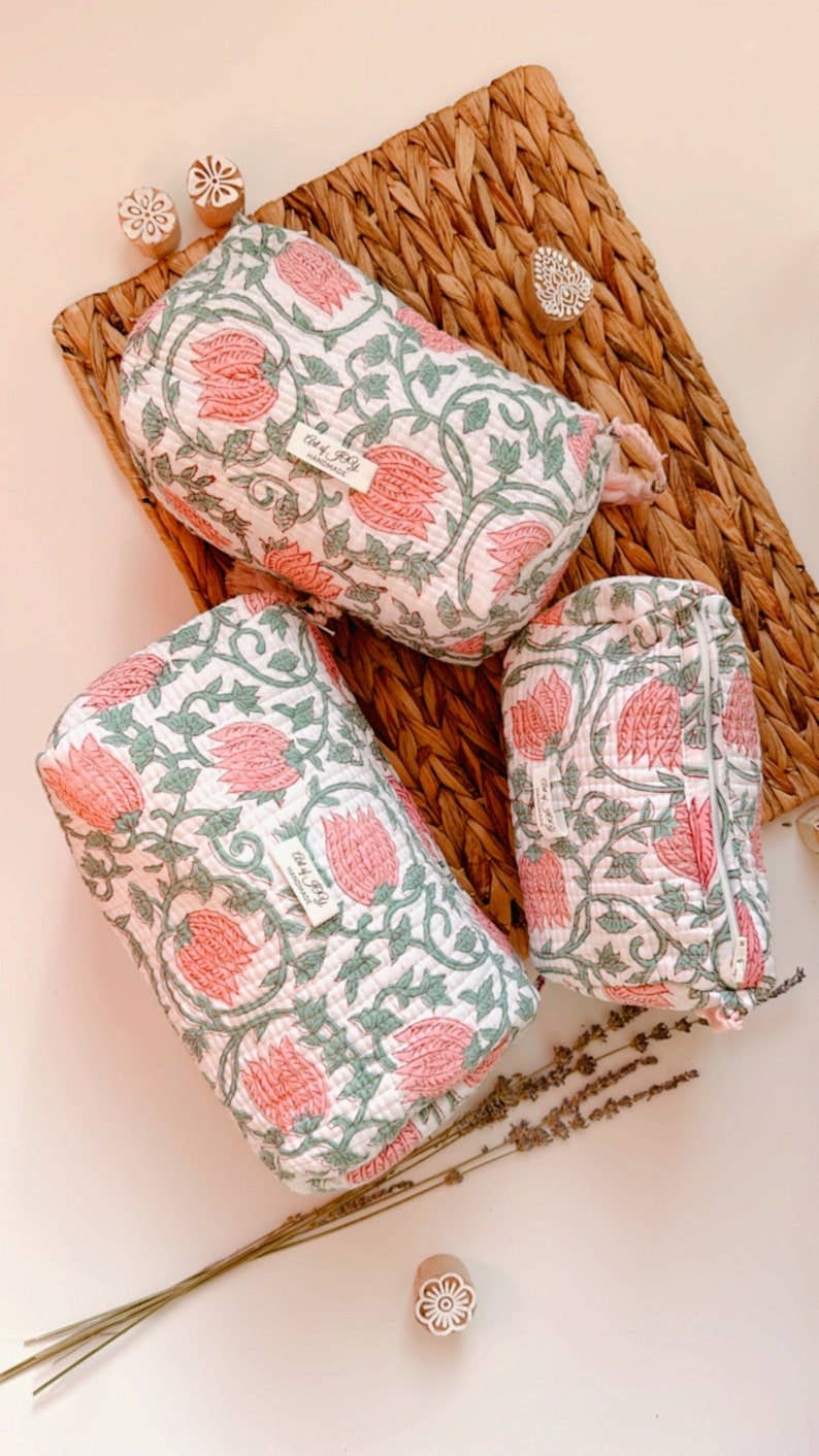 Hand Block Printed Cotton Toiletry Bags (set of 3): Pink Lotus
