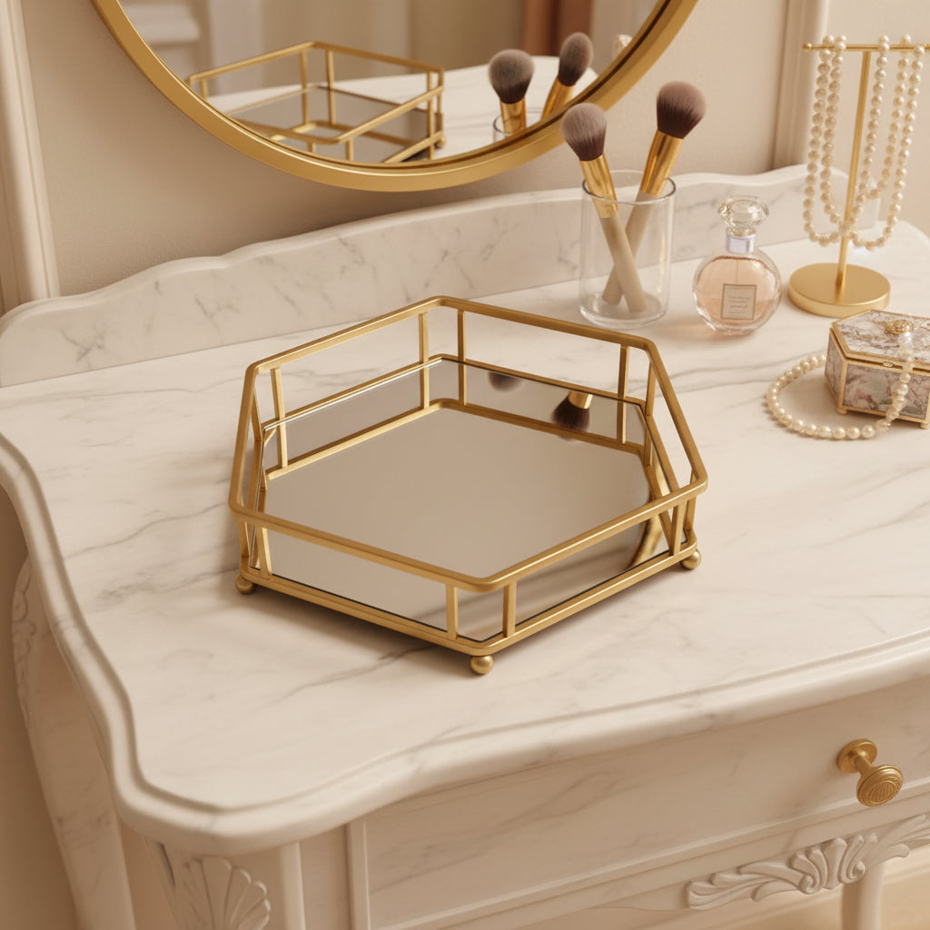 Gold Hexagonal Metal Mirrored Decorative Tray