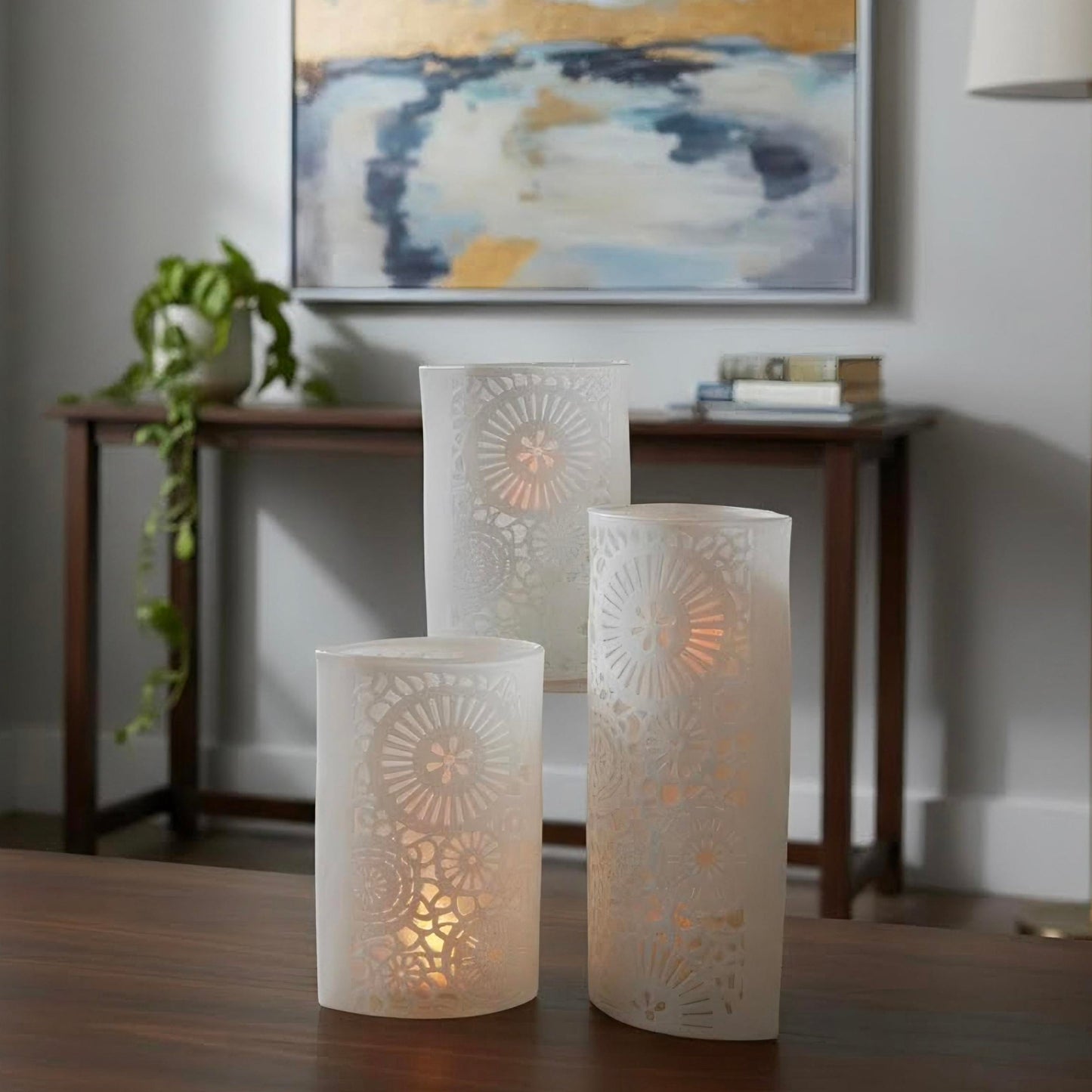Set of 3 Oval Cylinder Cut Away Clear White Speckled Lace Vase or luminaire Like Mosaic Moroccan