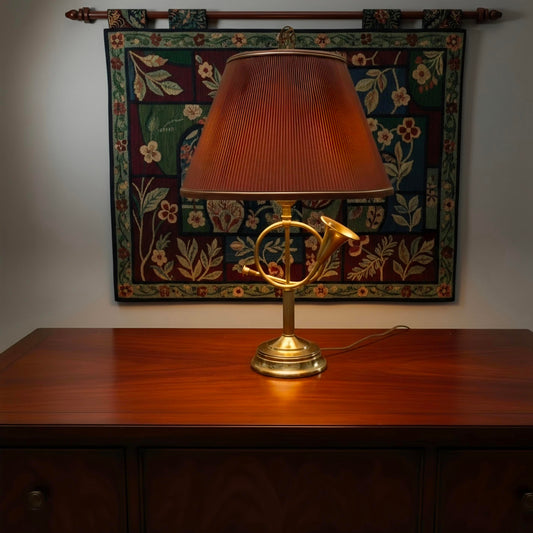 Vintage Brass Hunting Horn Lamp with Pleated lampshade
