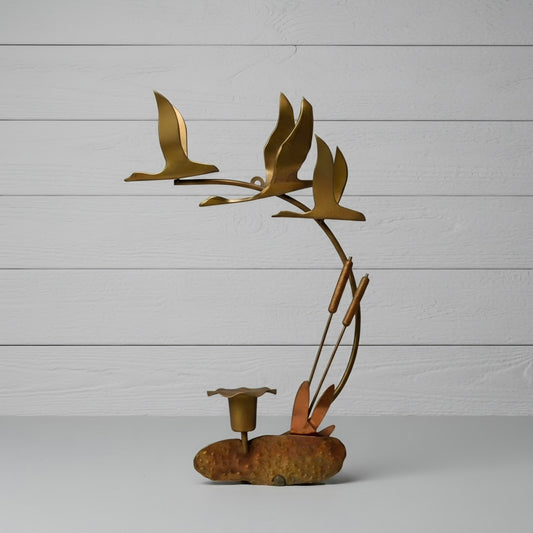 Vintage Mid-Century Modern Flying Geese and catails Metal Wall Sconce