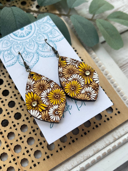 Daisy hand painted lightweight wood  flower dangle earring