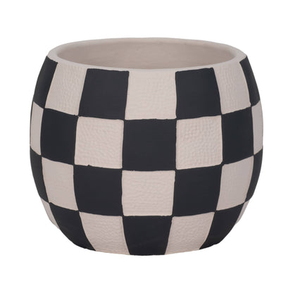 Planter - Black/White Pottery Checkerboard Rounded, 8 in.