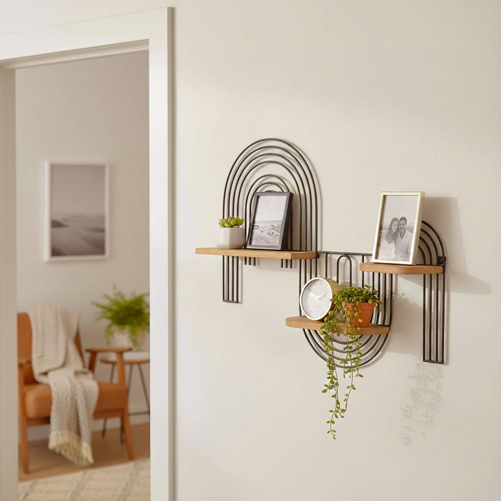 Wall Shelf - Brown Metal Wood Geometric Wireframe, 24x18 in.