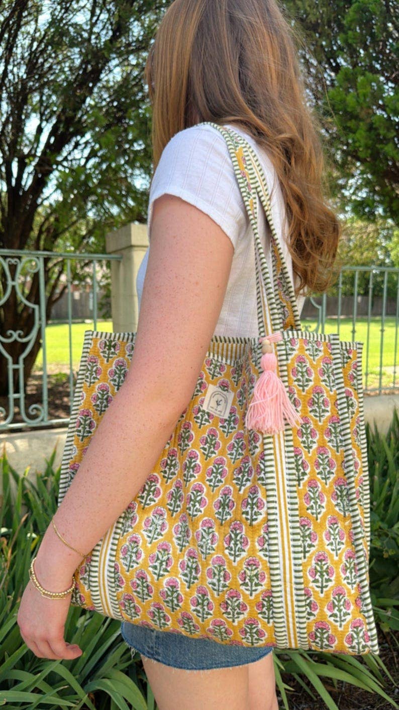 Cotton Quilted Tote Bag: Golden Petal (with orange strips)
