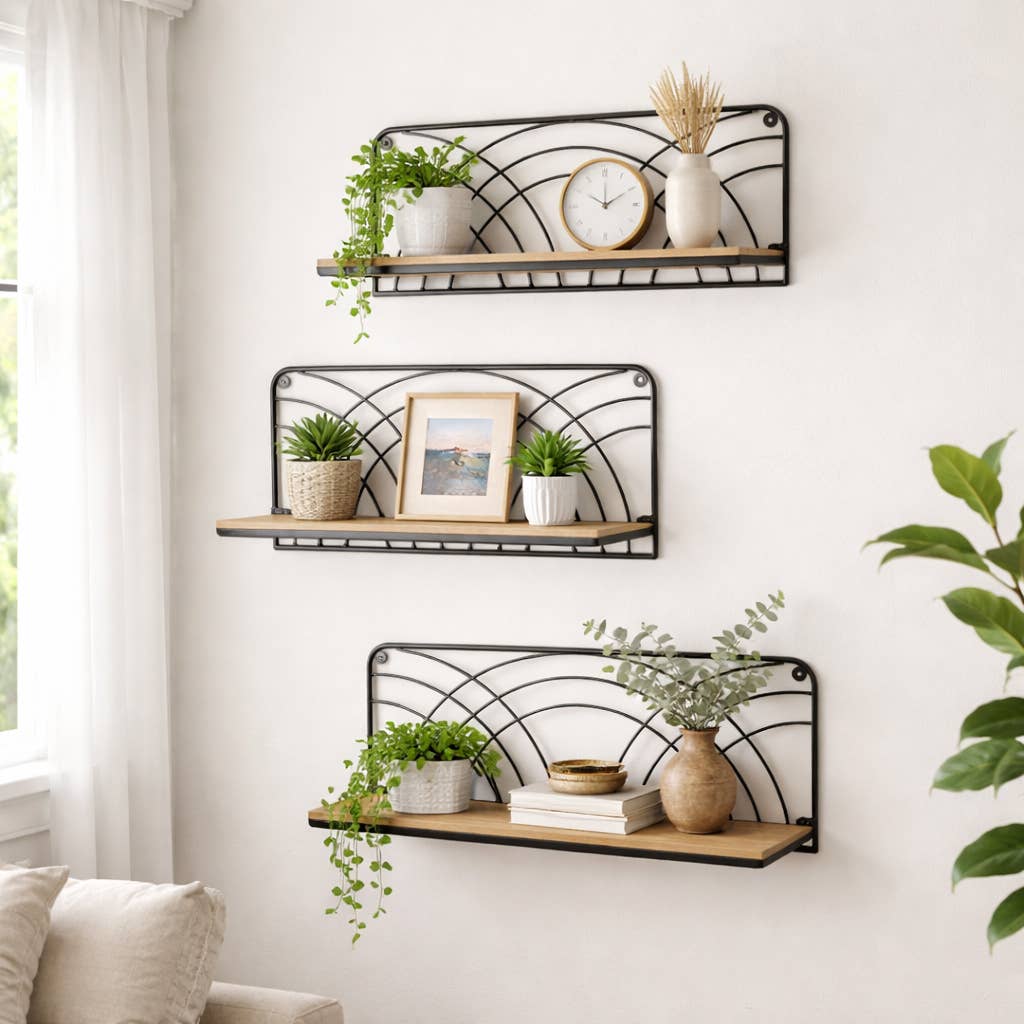 Wall Shelf Set of 3 - Brown Wood Backing Wide, 19/21/24 in.