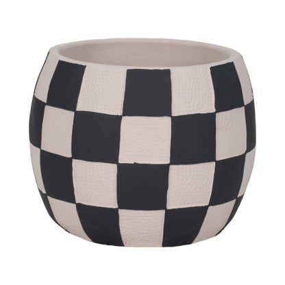 Planter - Black/White Pottery Checkerboard Rounded, 8 in.