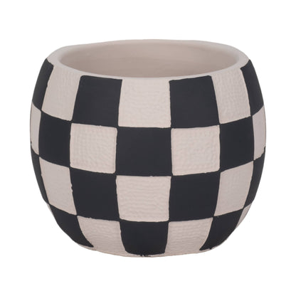 Planter - Black/White Pottery Checkerboard Rounded, 7 in.
