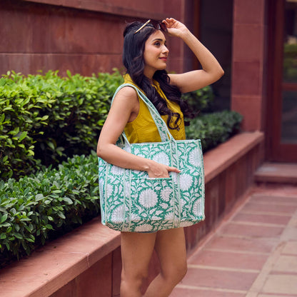 Teal Dan Quilted Block-Printed Tote