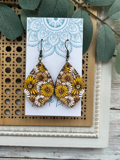 Daisy hand painted lightweight wood  flower dangle earring