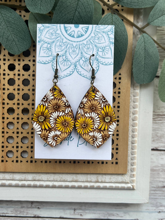 Daisy hand painted lightweight wood  flower dangle earring