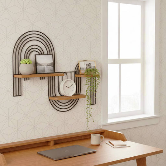 Wall Shelf - Brown Metal Wood Geometric Wireframe, 24x18 in.