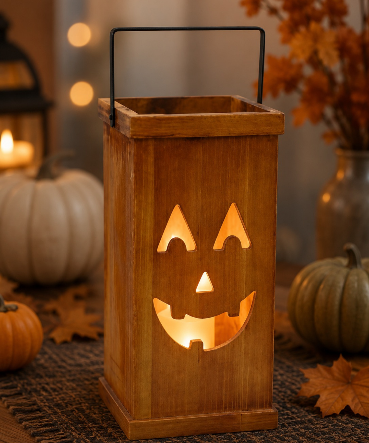 Wood Pumpkin LED Lighted Lantern with Timer