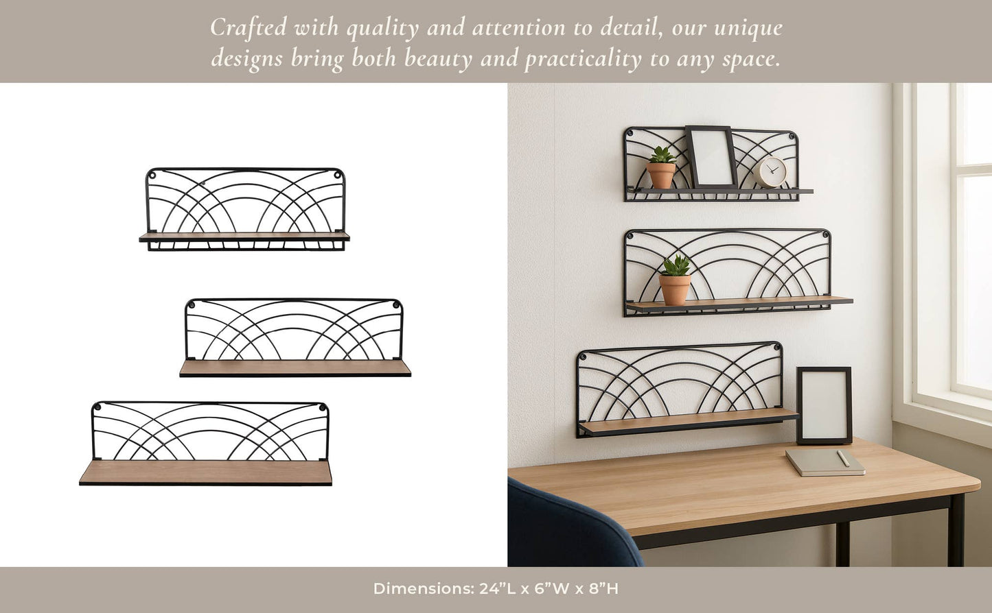 Wall Shelf Set of 3 - Brown Wood Backing Wide, 19/21/24 in.