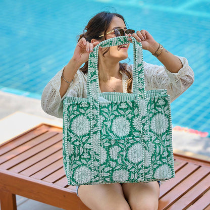 Teal Dan Quilted Block-Printed Tote
