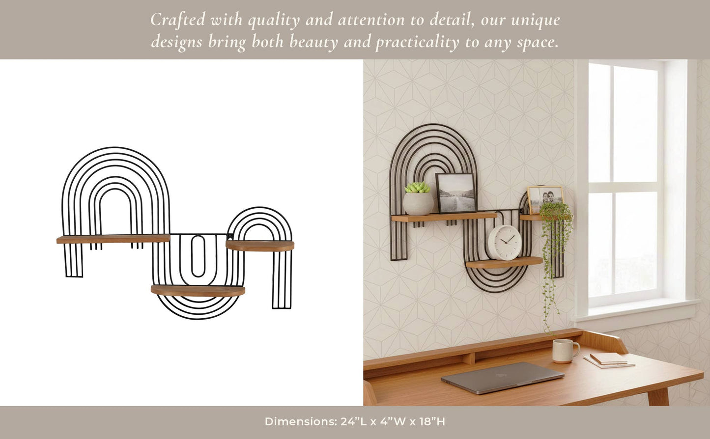 Wall Shelf - Brown Metal Wood Geometric Wireframe, 24x18 in.