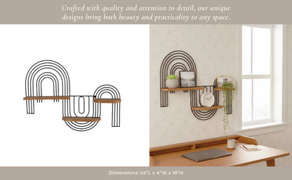 Wall Shelf - Brown Metal Wood Geometric Wireframe, 24x18 in.