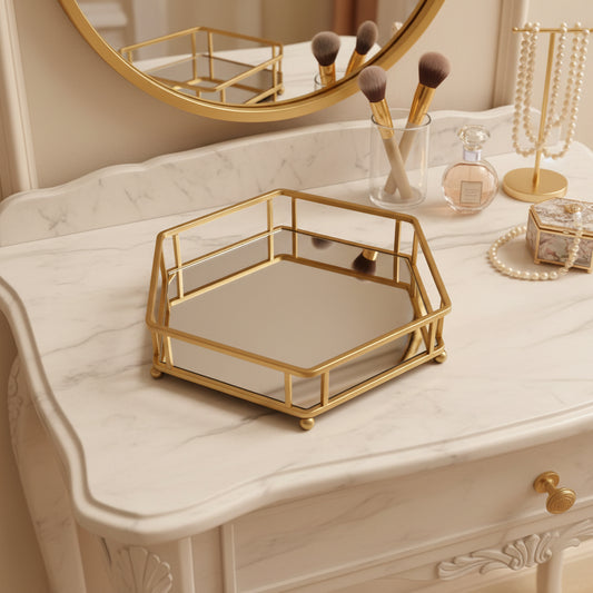 Gold Hexagonal Metal Mirrored Decorative Tray