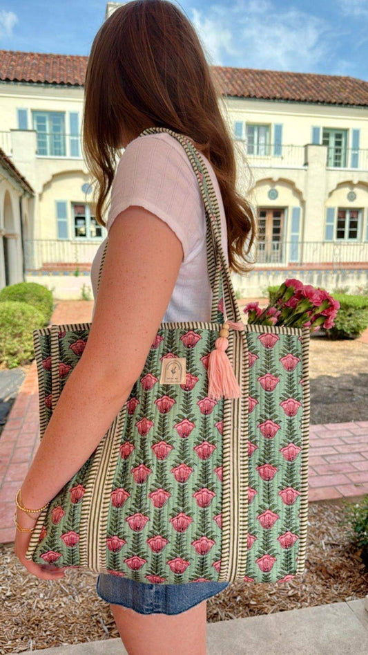Cotton Quilted Tote Bag: Sea Green