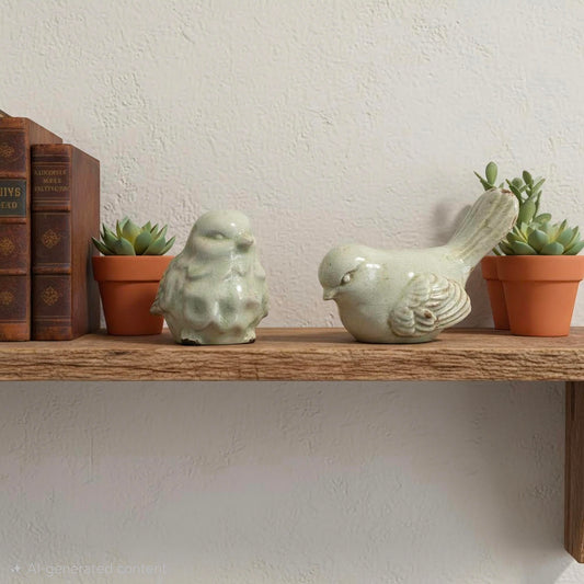 Set of 2 light green bird figurines