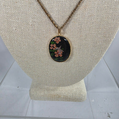 Vintage 1970s oval lacquer hummingbird pendant necklace