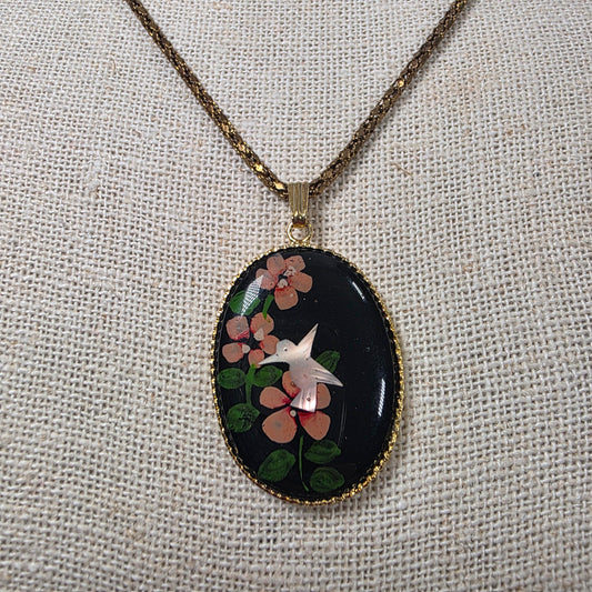 Vintage 1970s oval lacquer hummingbird pendant necklace