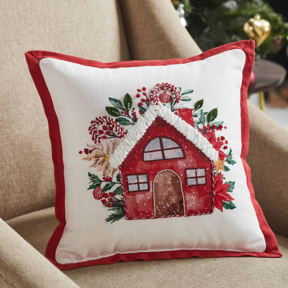 Christmas Candy Cane Cottage Throw Pillow 12x12