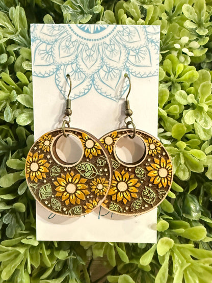Boho sunflower handpainted lightweight maple wood earrings 