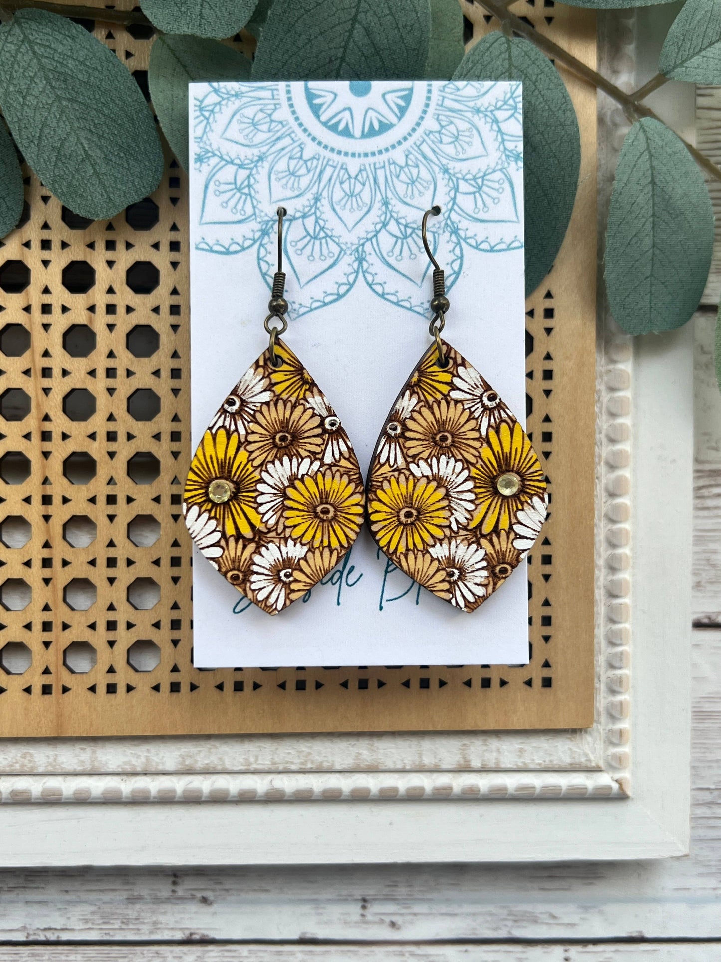Daisy hand painted lightweight wood  flower dangle earring