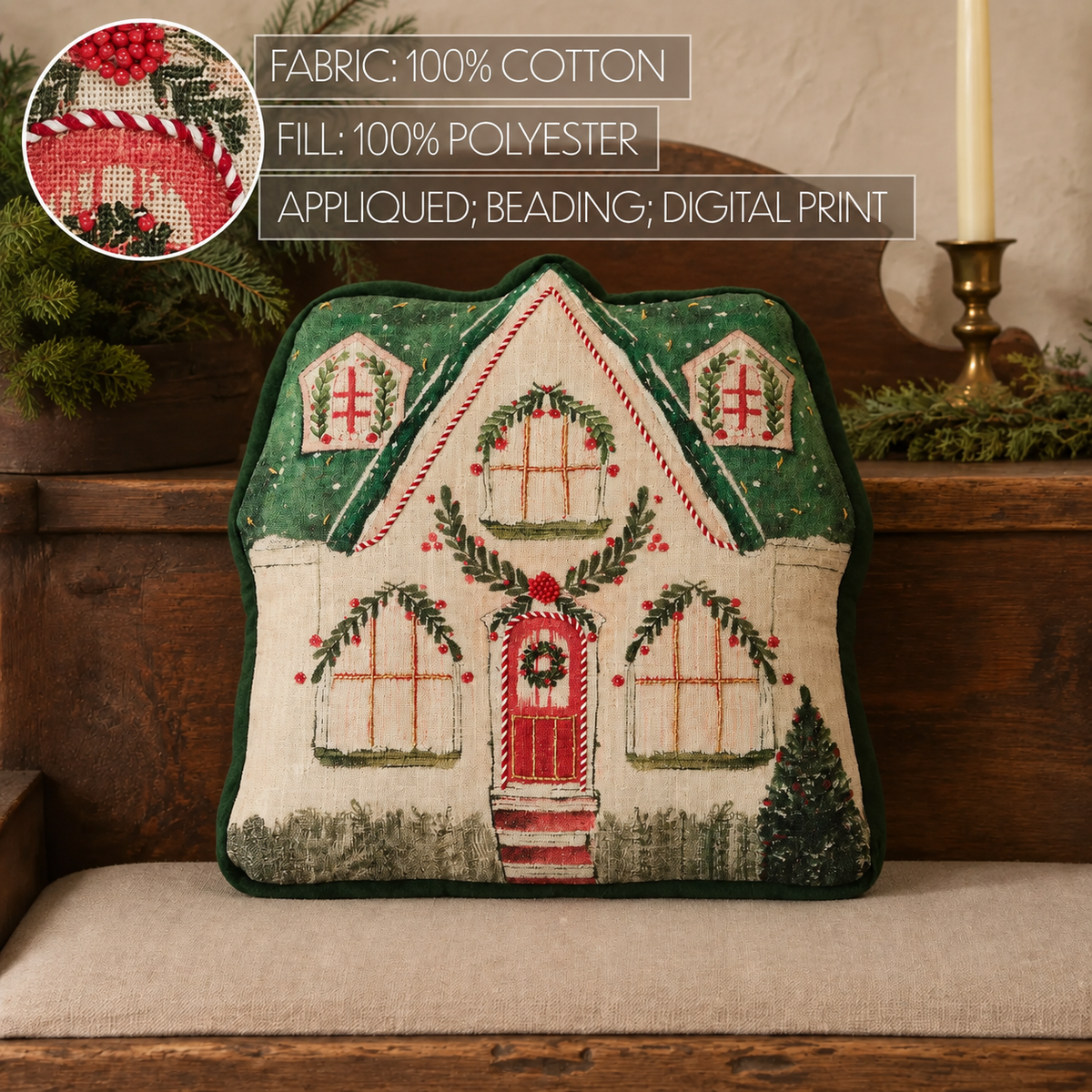 Christmas Cottage Shaped Pillow Beaded 14x14