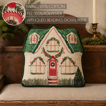 Christmas Cottage Shaped Pillow Beaded 14x14