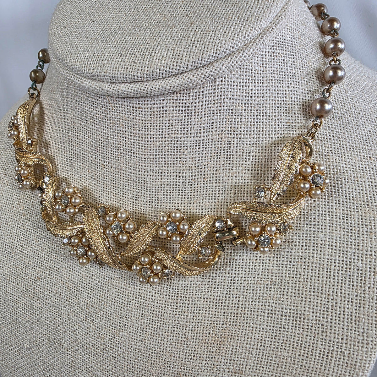 Vintage Gold -Toned Faux Pearl and Rhinestone Floral Choker Necklace