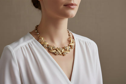 Vintage Gold -Toned Faux Pearl and Rhinestone Floral Choker Necklace