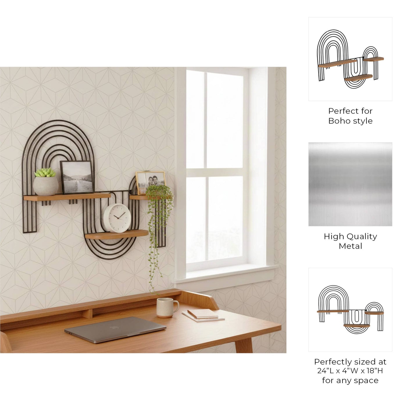 Wall Shelf - Brown Metal Wood Geometric Wireframe, 24x18 in.