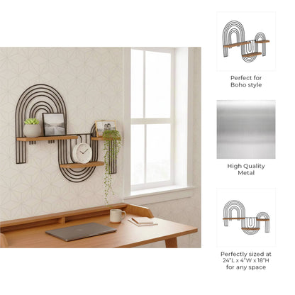 Wall Shelf - Brown Metal Wood Geometric Wireframe, 24x18 in.