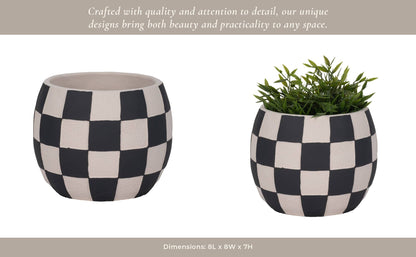 Planter - Black/White Pottery Checkerboard Rounded, 8 in.