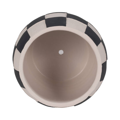 Planter - Black/White Pottery Checkerboard Rounded, 8 in.