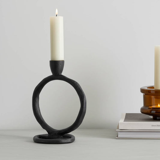 Metal Round Ring Taper Candle Holder - Black, 8 in.