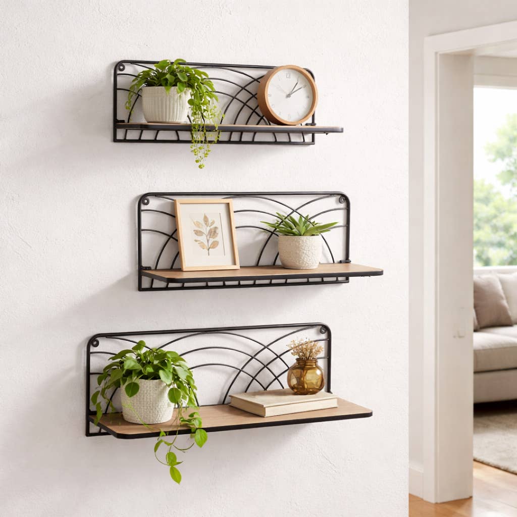 Wall Shelf Set of 3 - Brown Wood Backing Wide, 19/21/24 in.