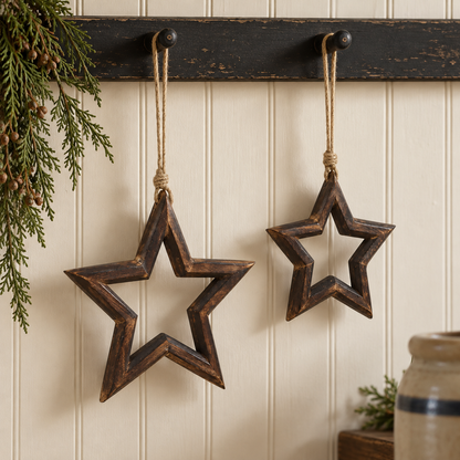 Dark Wooden Christmas Star Ornament Set of 2 - 8/9.75 inch