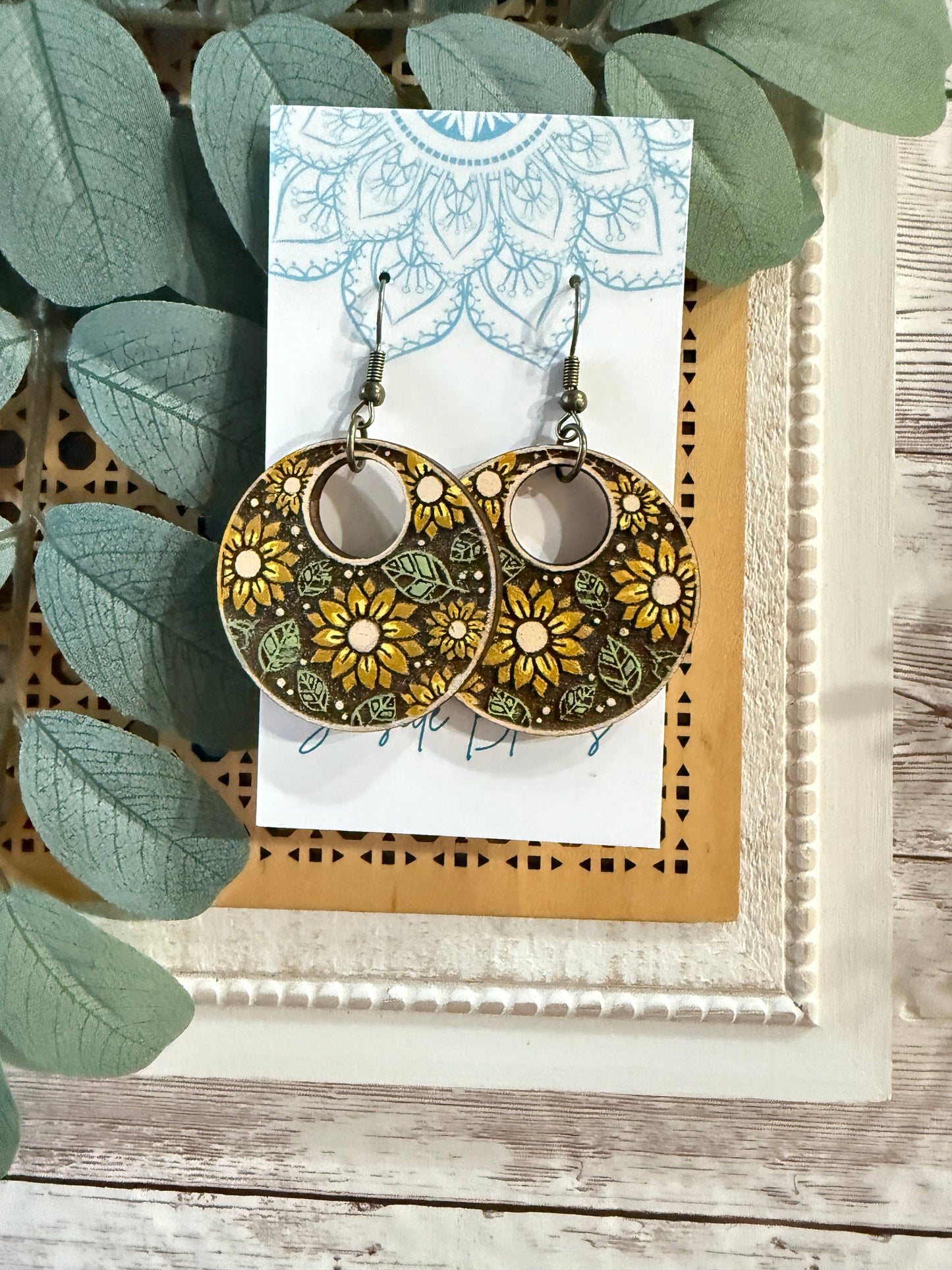Boho sunflower handpainted lightweight maple wood earrings 