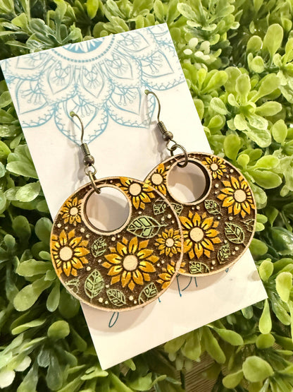 Boho sunflower handpainted lightweight maple wood earrings 