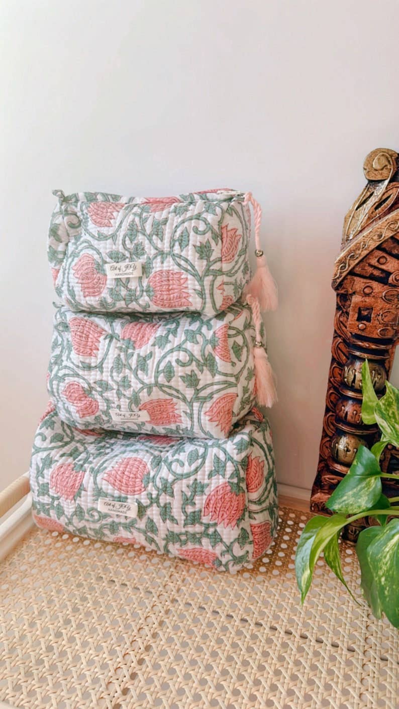 Hand Block Printed Cotton Toiletry Bags (set of 3): Pink Lotus