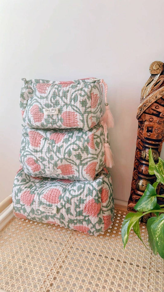 Hand Block Printed Cotton Toiletry Bags (set of 3): Pink Lotus