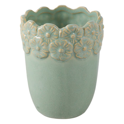 Pencil Cup - Green Ceramic Scalloped Flower Border, 4 in.