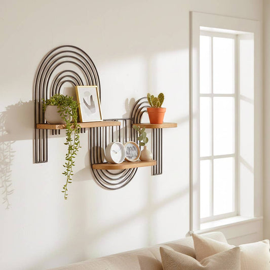 Wall Shelf - Brown Metal Wood Geometric Wireframe, 24x18 in.