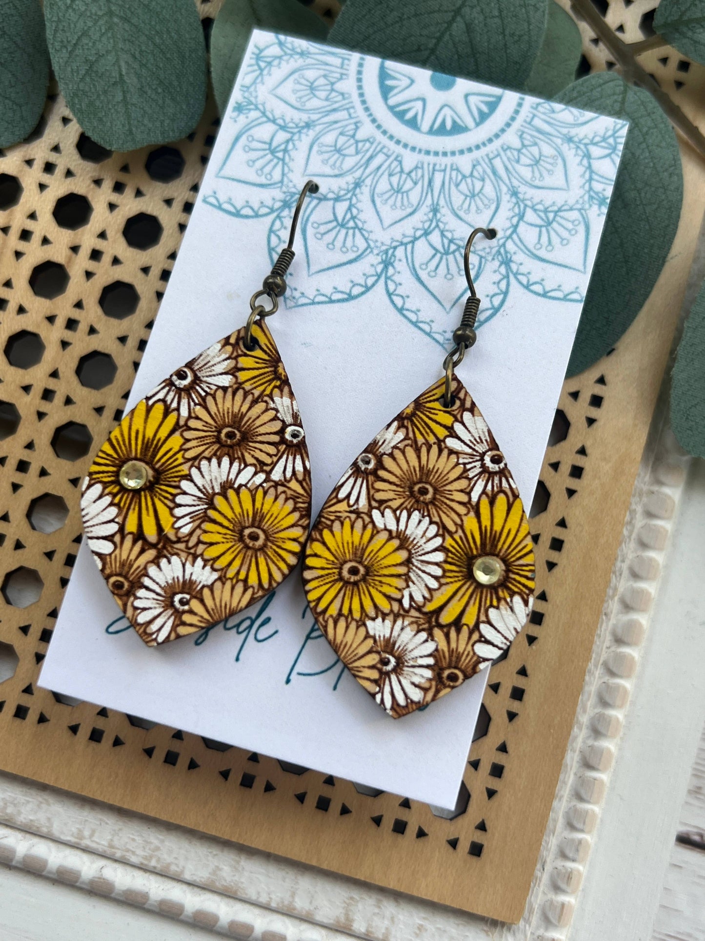 Daisy hand painted lightweight wood  flower dangle earring