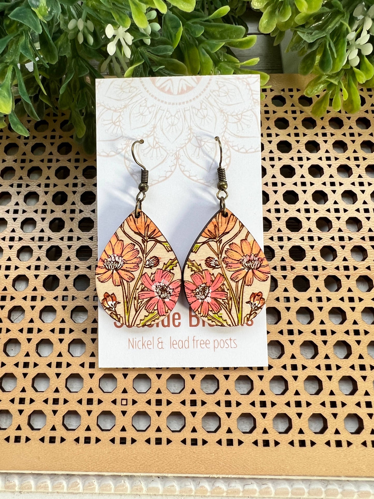 Boho daisy hand painted lightweight wood earrings 