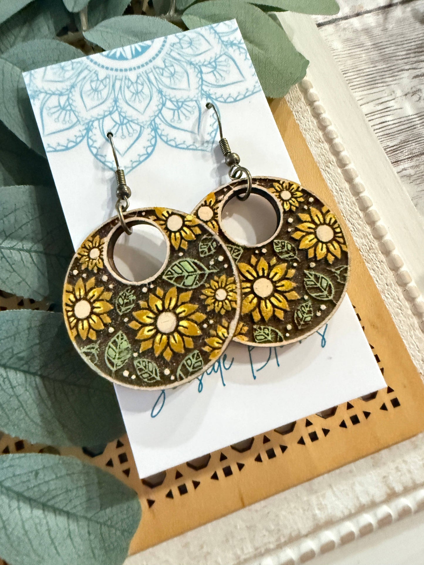 Boho sunflower handpainted lightweight maple wood earrings 